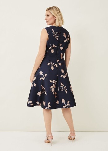 Phase Eight Jordyn Jacquard Fit And Flare Dress Navy/Pink USA | 9761025-HT